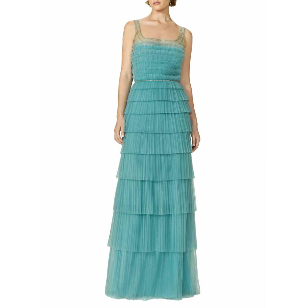 NEW COSTARELLOS kali plisse french tulle gown in viridian green